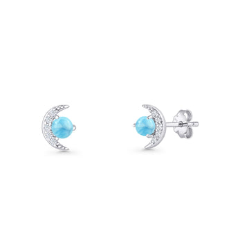 Moon Stud Earring 7mm Round Larimar & Clear CZ 925 Sterling Silver Wholesale